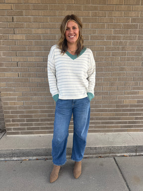 Sage V-Neck Stripe Sweater
