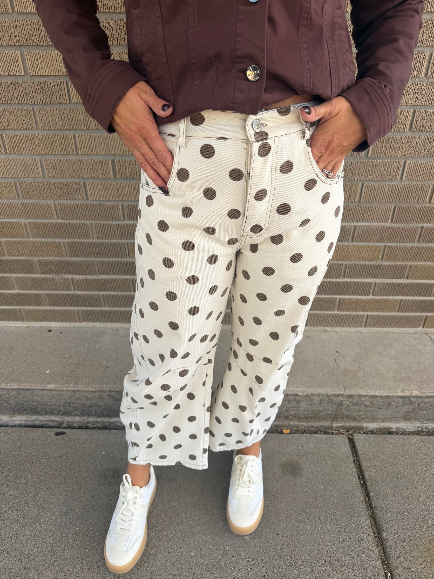 Polka Dot Barrel Jeans- Oatmeal