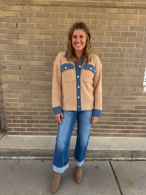 Taupe Cardigan with Denim Trim
