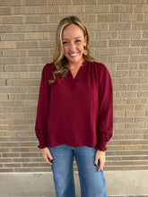 Split V-Neck Blouse - Burgundy