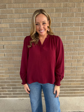 Split V-Neck Blouse - Burgundy