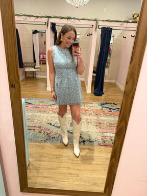 Sleeveless Floral Print Denim Dress