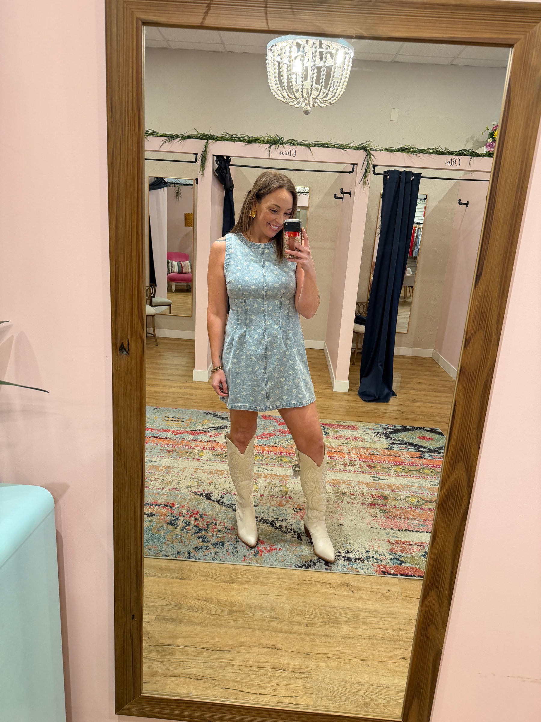 Sleeveless Floral Print Denim Dress