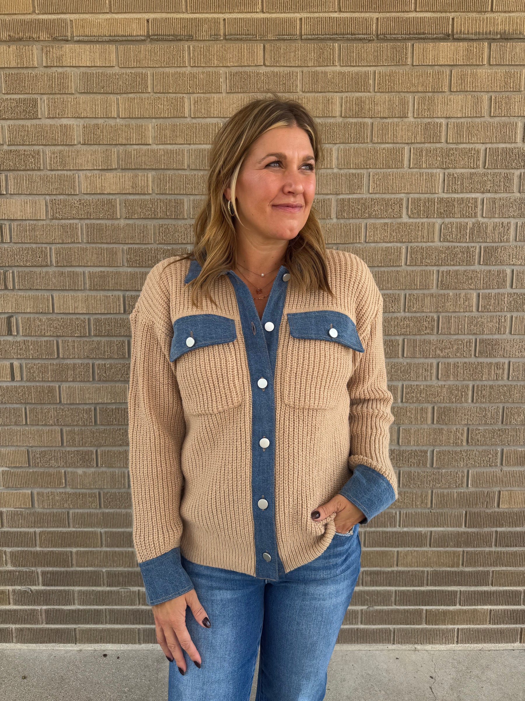 Taupe Cardigan with Denim Trim