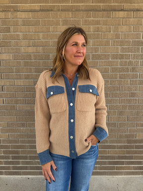 Taupe Cardigan with Denim Trim