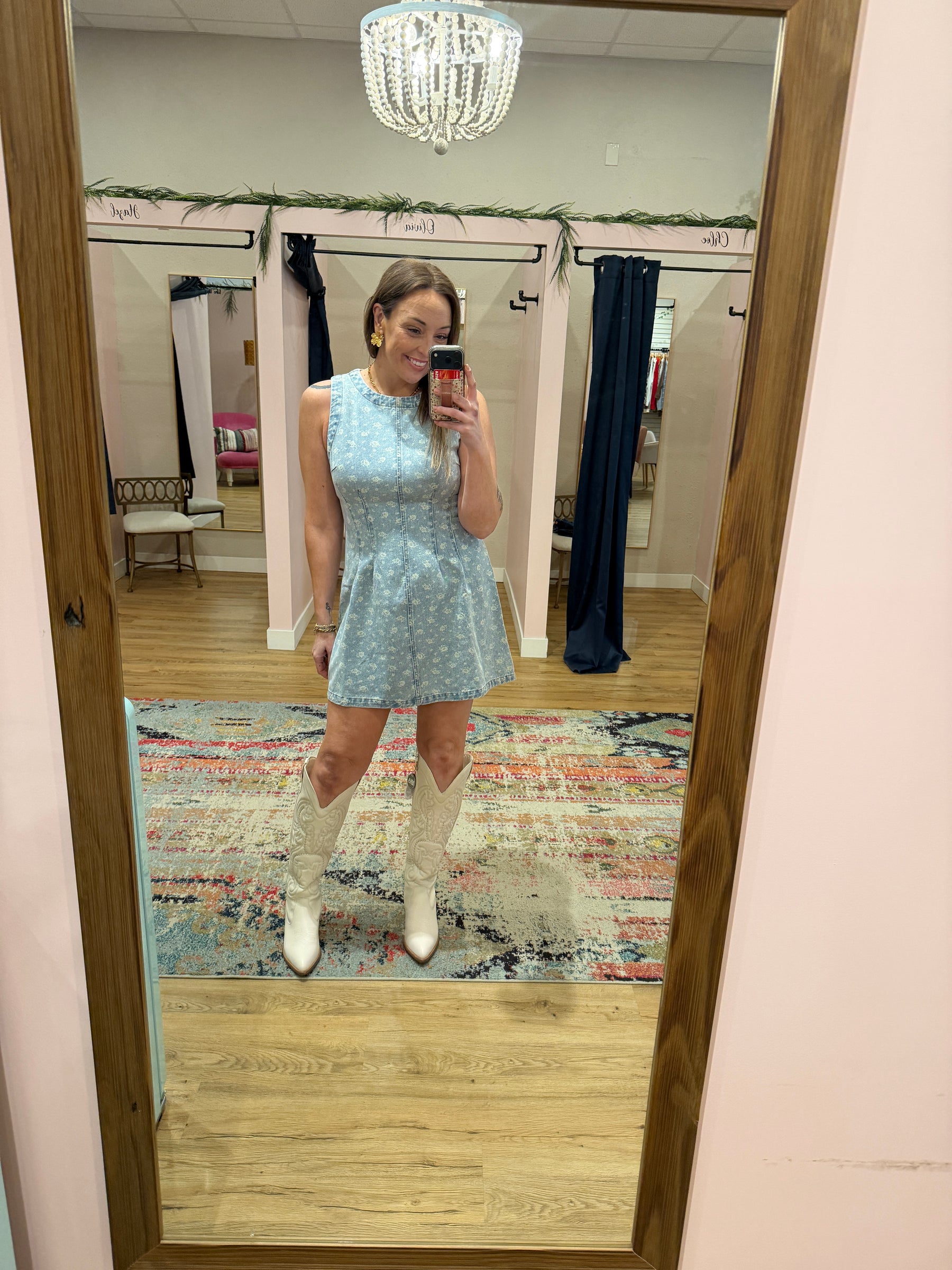 Sleeveless Floral Print Denim Dress