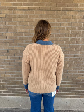Taupe Cardigan with Denim Trim