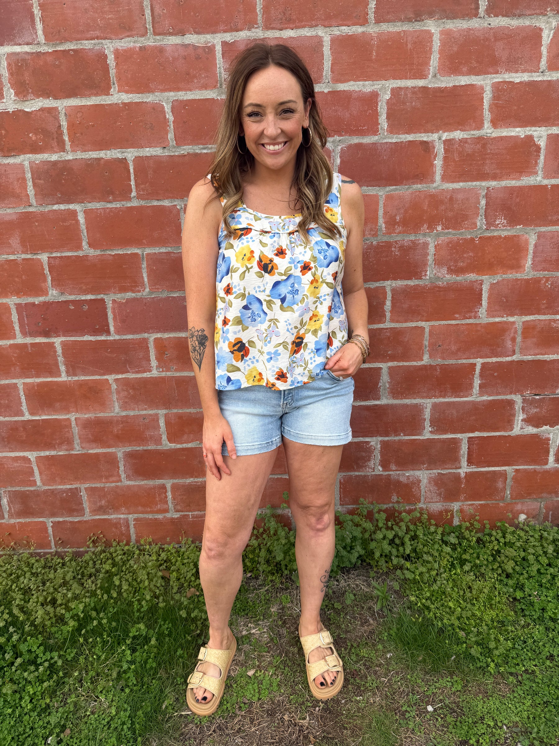 Blue Floral Square Neck Tank