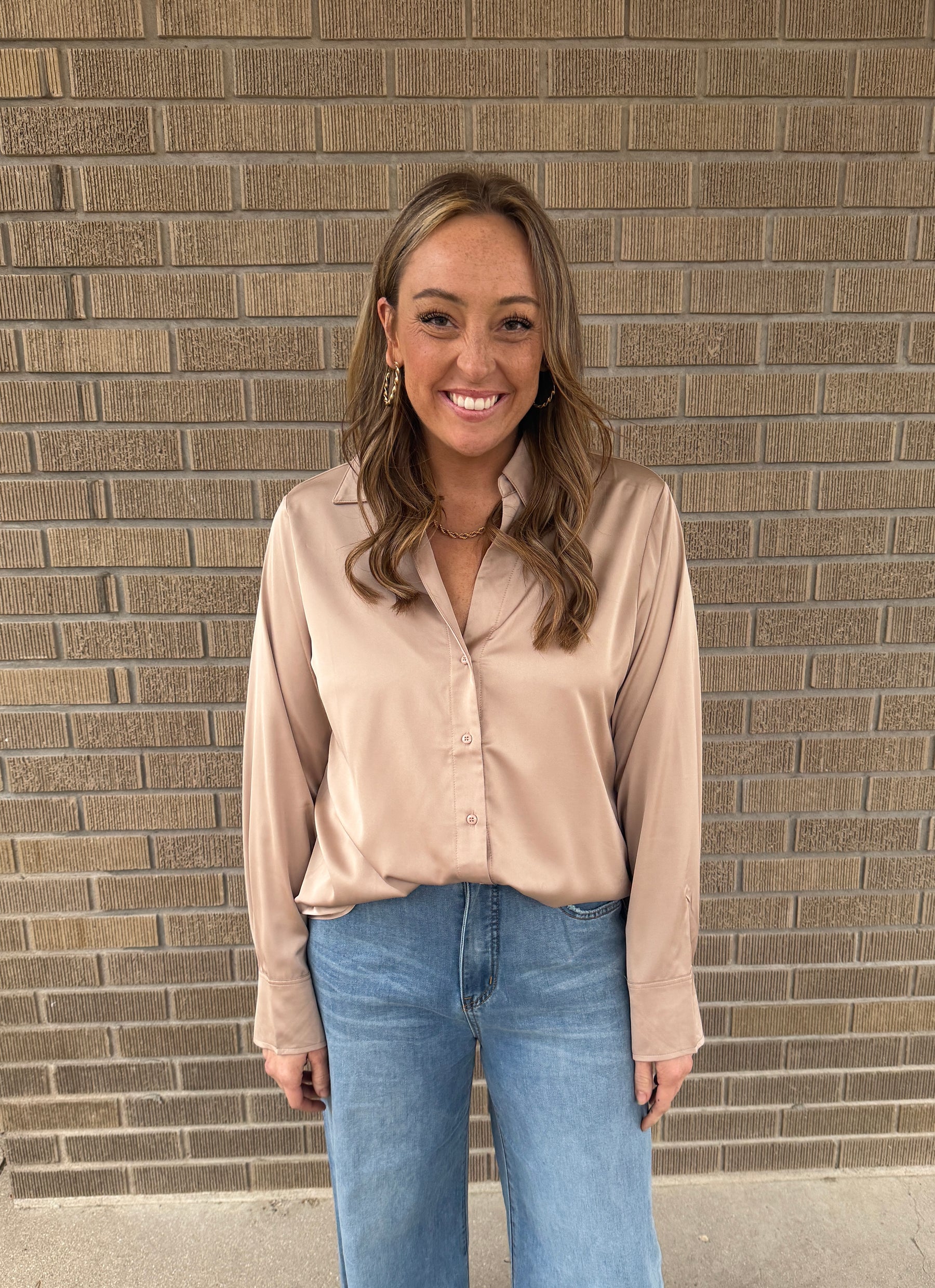 Sweet in Satin Button Up - Taupe