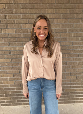 Sweet in Satin Button Up - Taupe