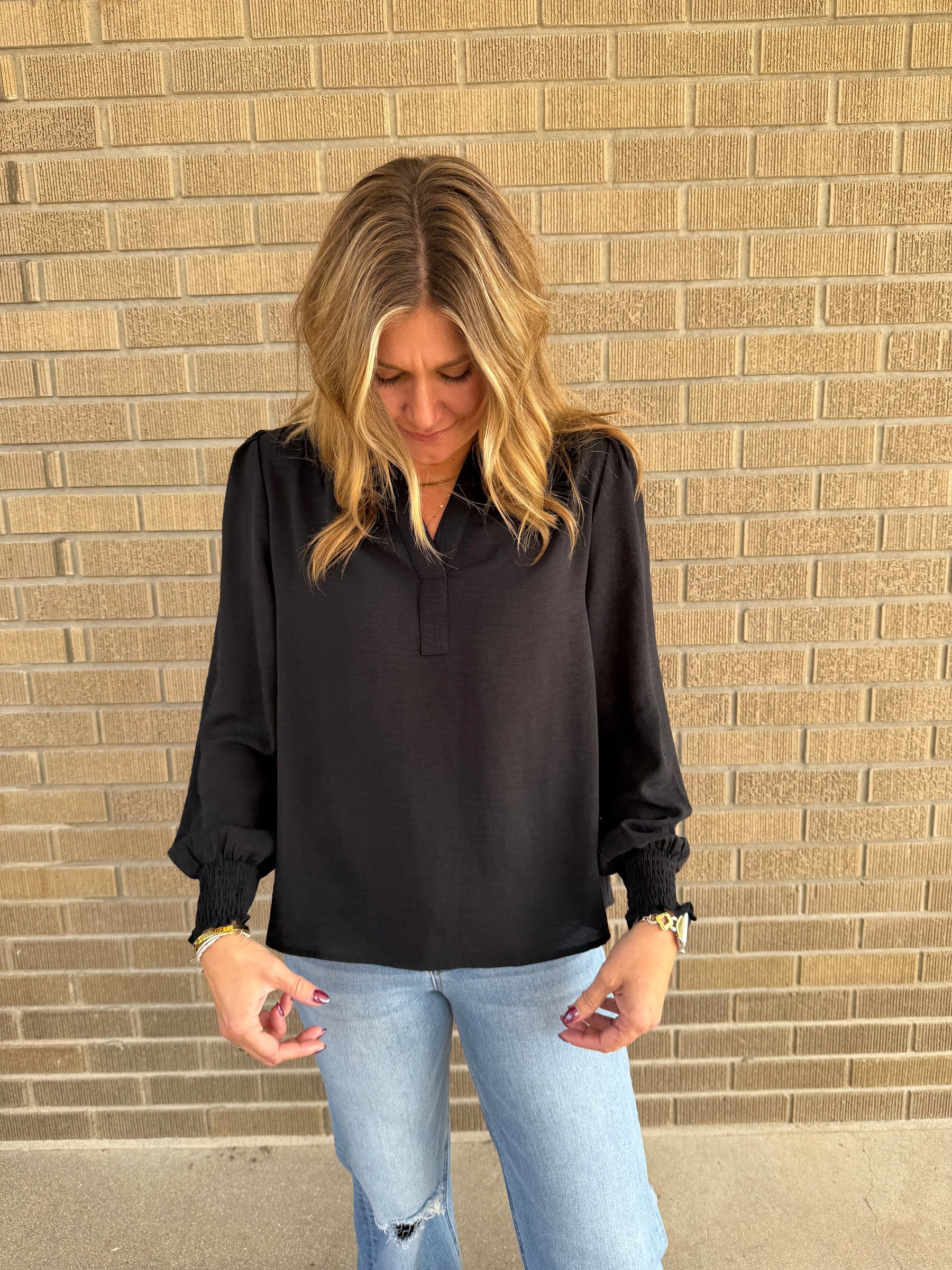 Split V-Neck Blouse - Black