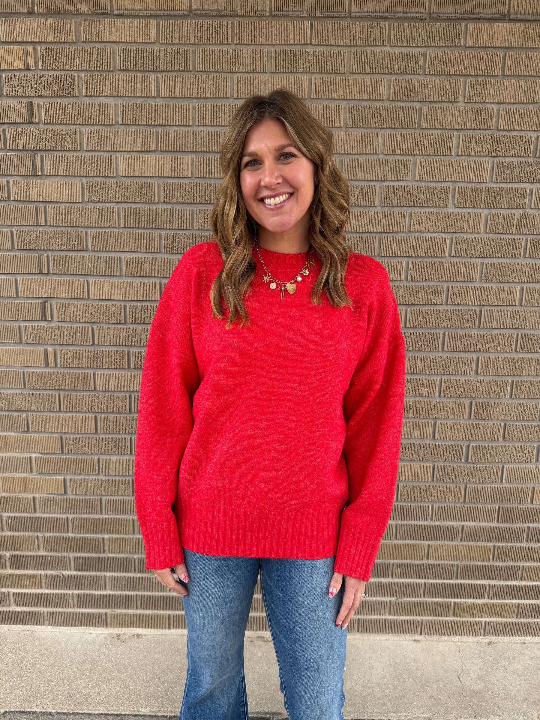 Oversized Crew Sweater - Red