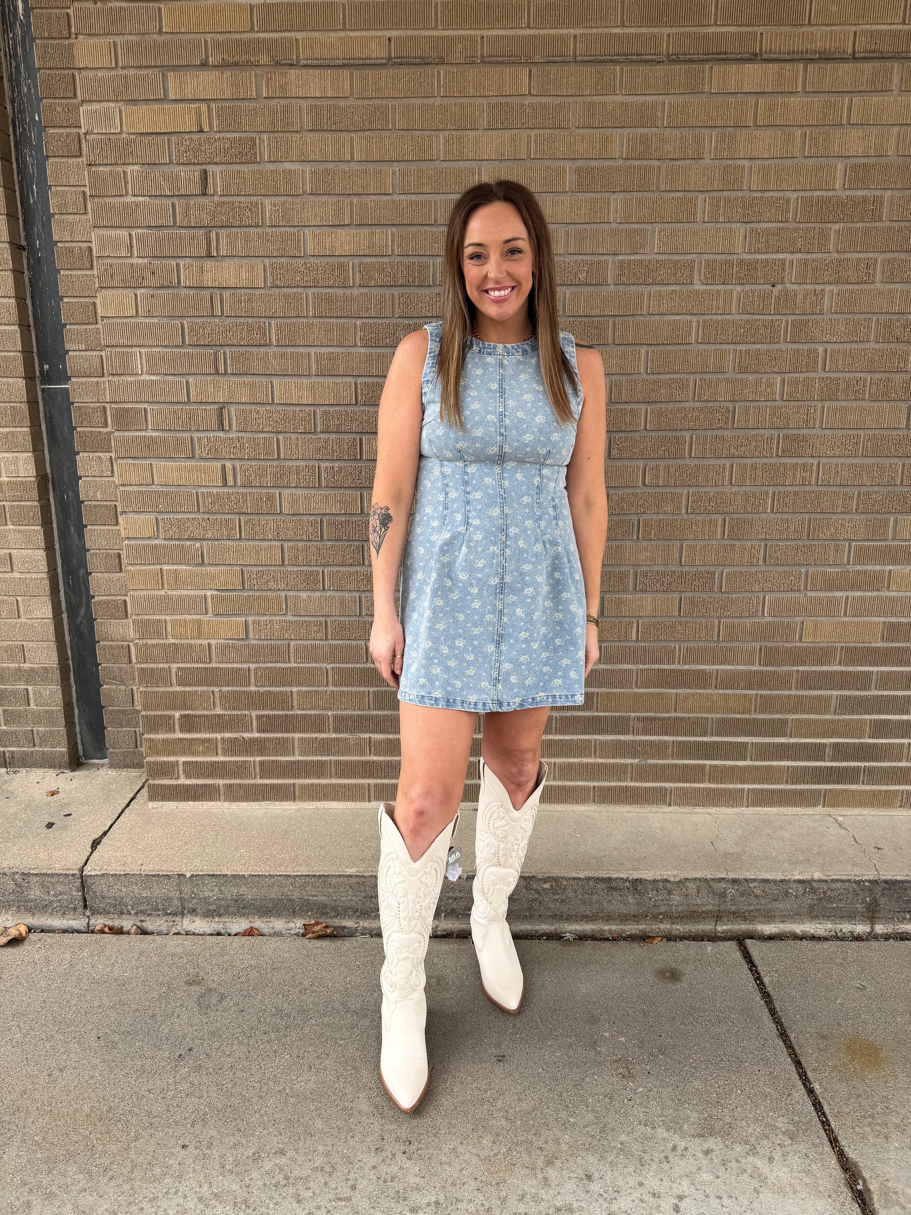 Sleeveless Floral Print Denim Dress