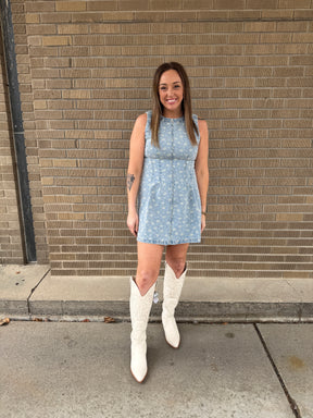 Sleeveless Floral Print Denim Dress