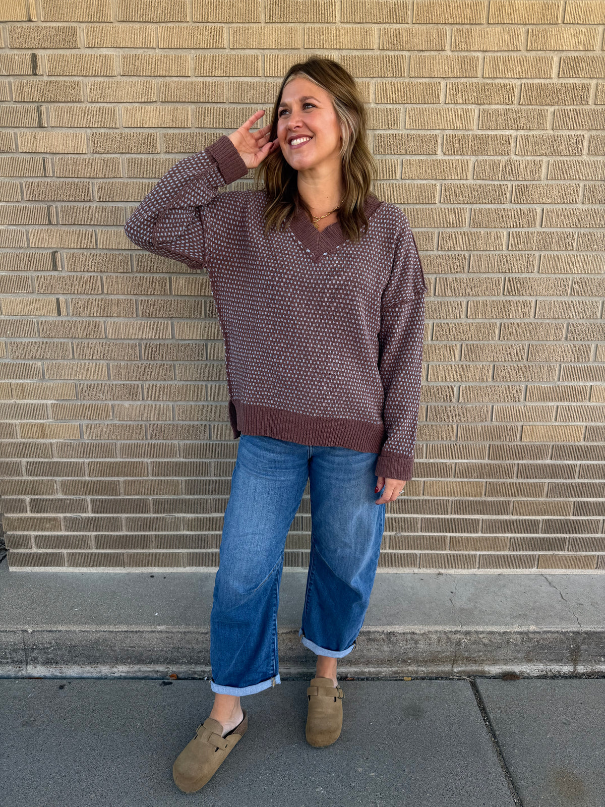 Plush V-Neck Mocha and Blue Sweater