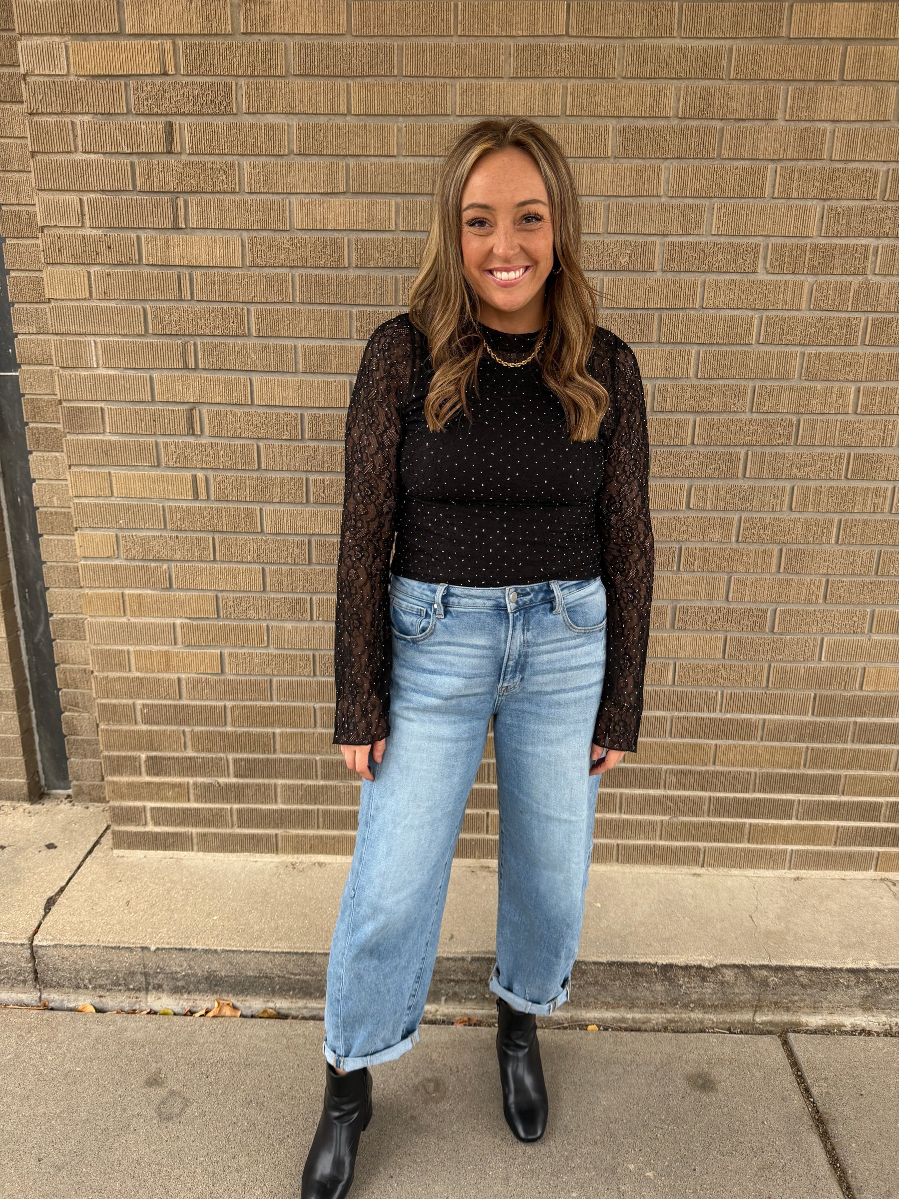 Black Rhinestone Lace Top