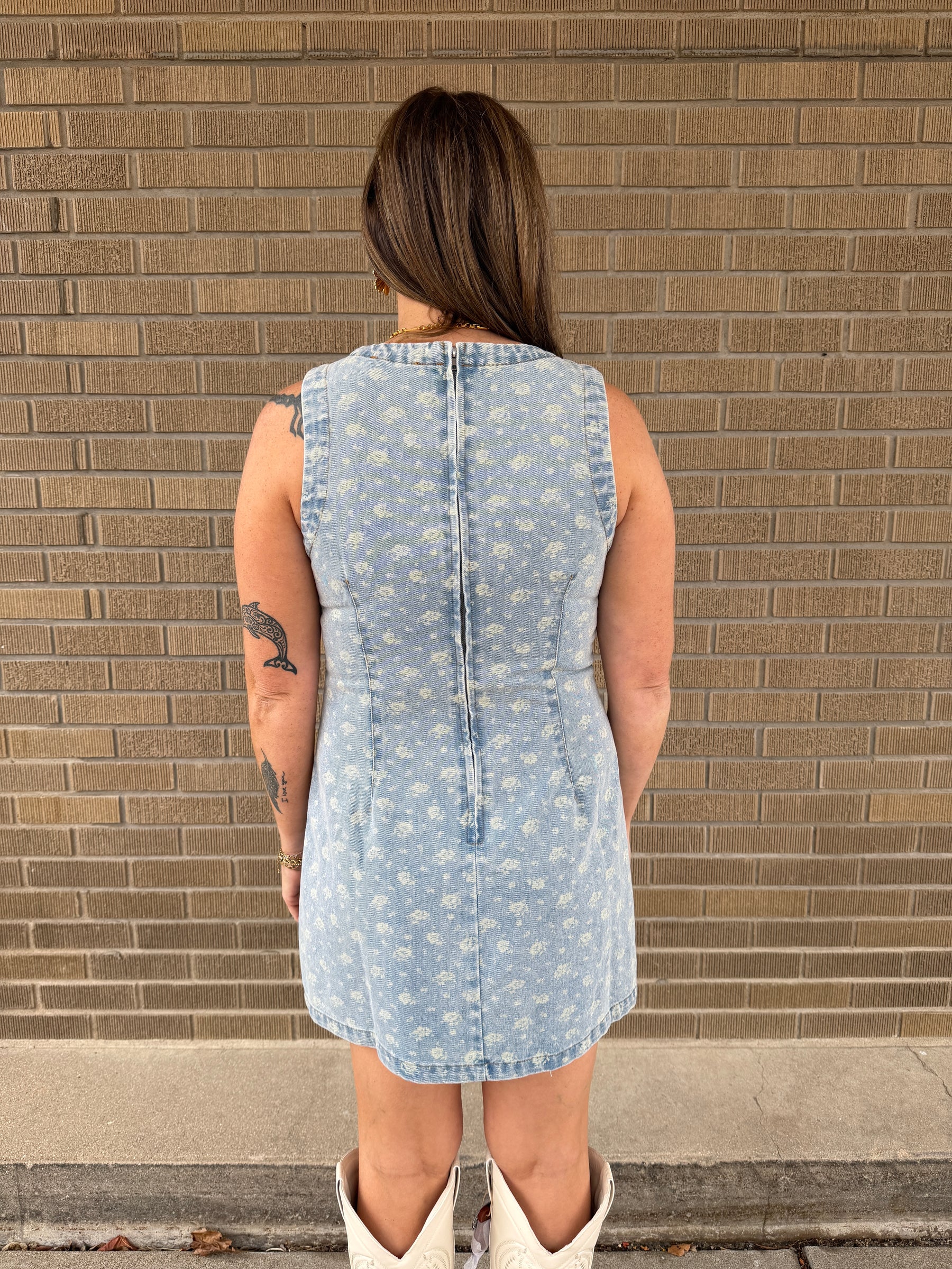 Sleeveless Floral Print Denim Dress