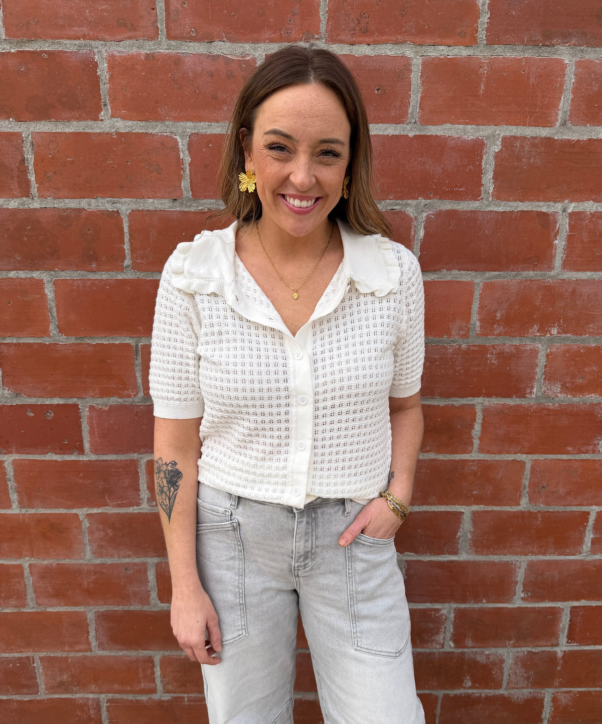 Off White Ruffle Collar Top