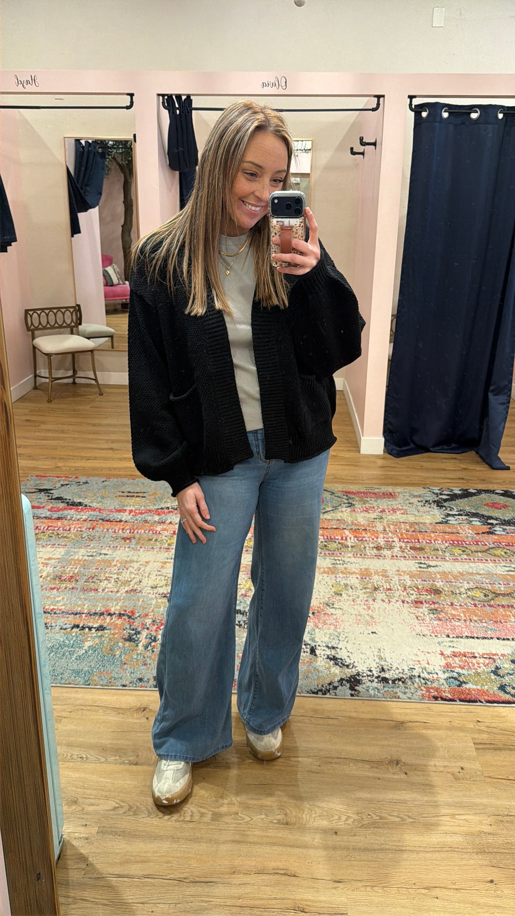 Waffle Knit Cardigan - Black