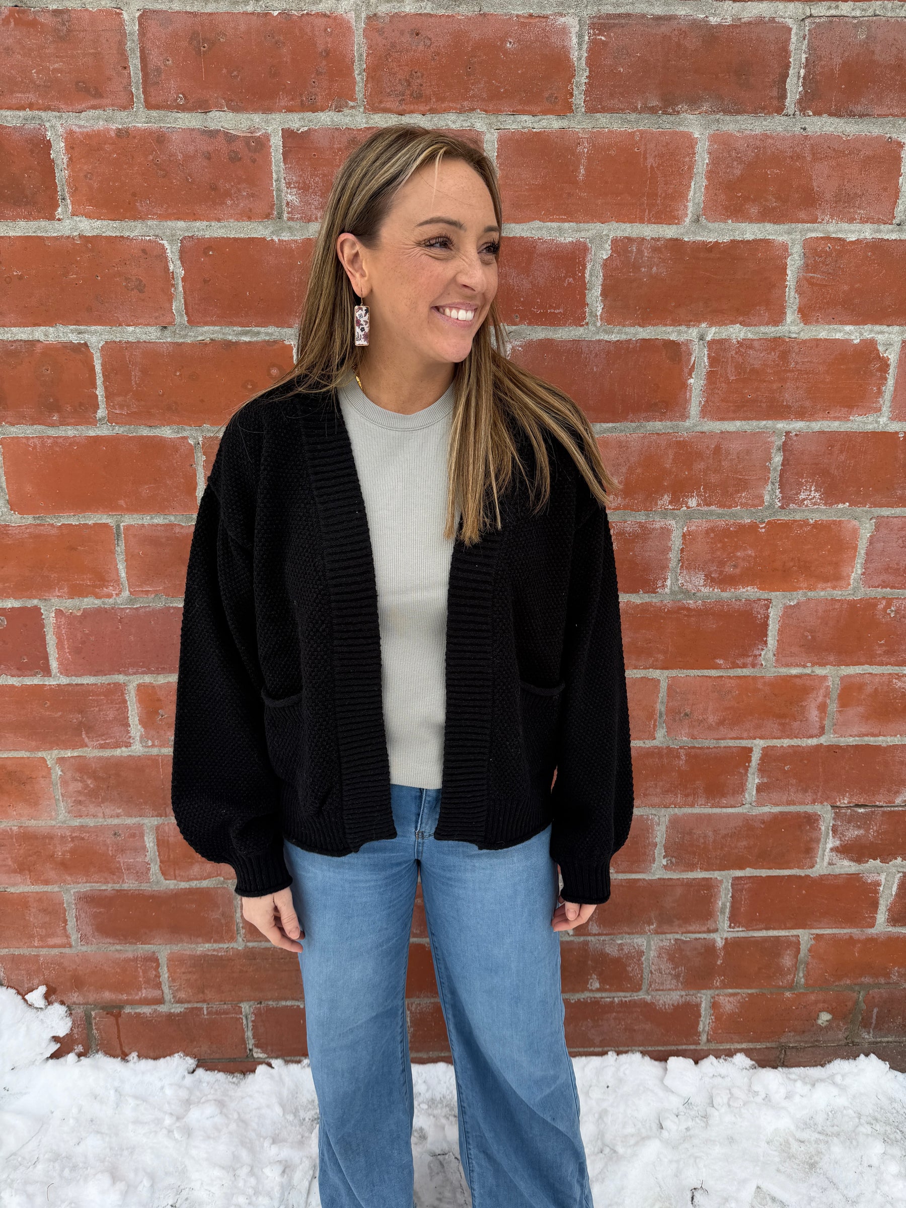 Waffle Knit Cardigan - Black