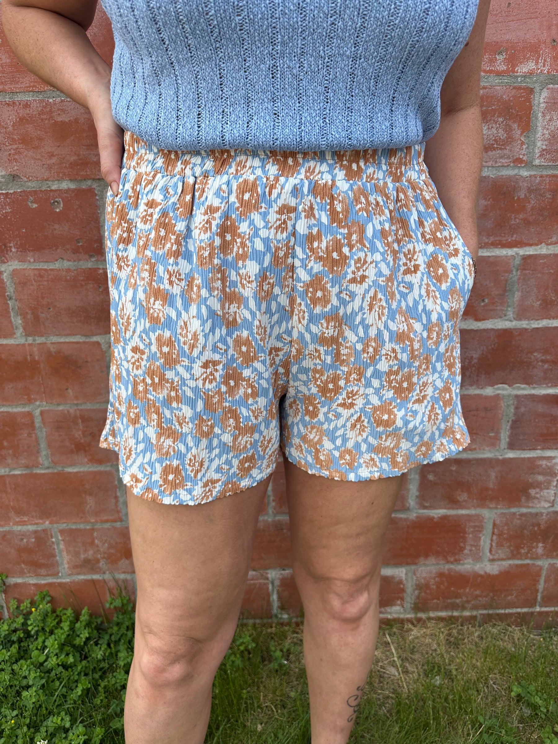 Blue and Camel Floral Shorts
